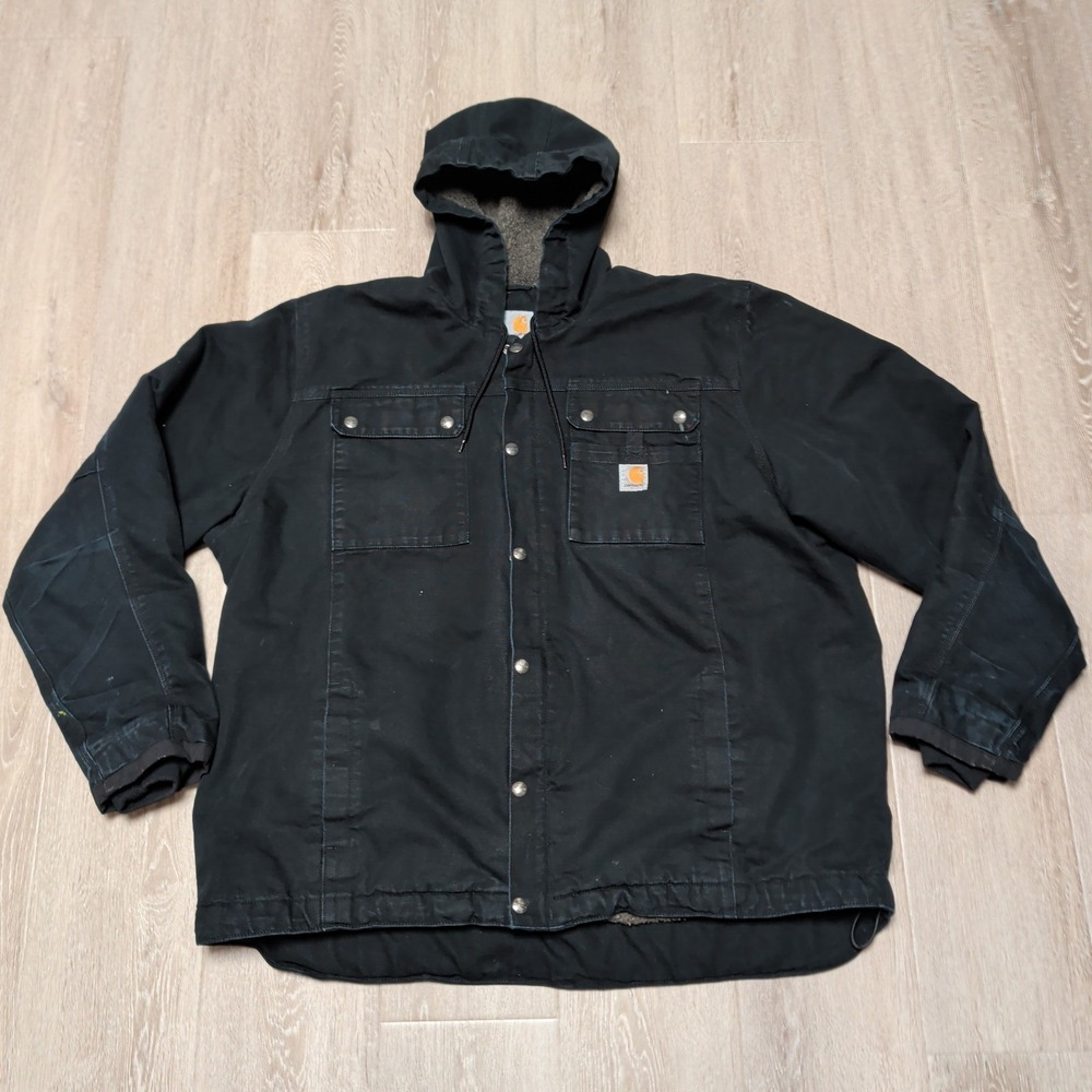 Carhartt Hooded Sherpa Lined Duck Jacket Mens XL Black Utility‎ Work Coat Flaws